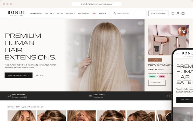 Tienda en línea de Bondi Hair Extensions en computador y teléfono