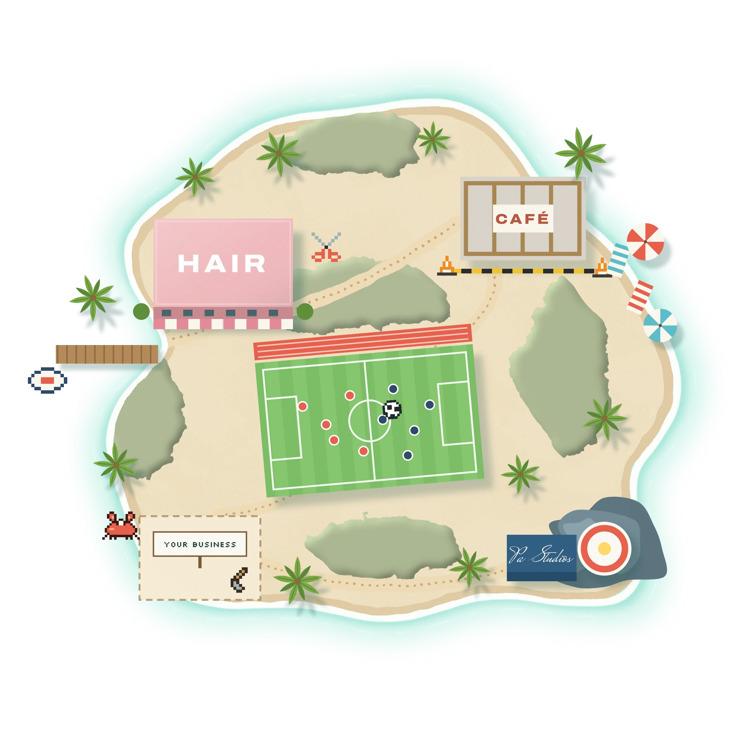 An island seen from above: a hair salon, a café under construction, a women's football pitch, a lighthouse and an empty lot