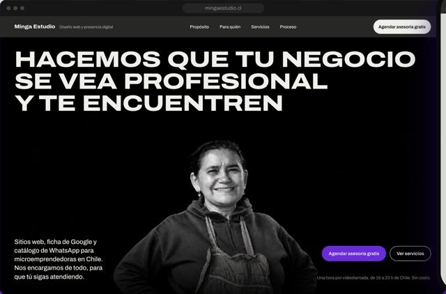 Sitio web de Minga Estudio: una emprendedora sonriendo