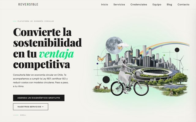 Sitio web de Reversible: una mujer en bicicleta frente a una ciudad verde